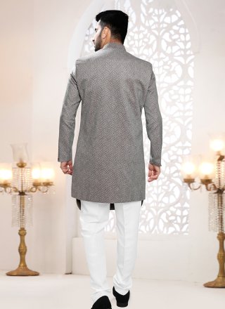 Grey Velvet Indo Western with Buttons and Plain Work