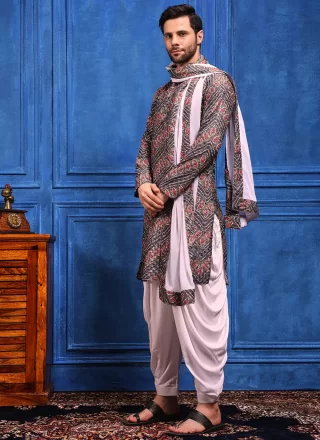 Grey Viscose Dhoti Kurta with Bandhej, Chikankari, Embroidered, Lucknowi Work, Print and Sequins Work