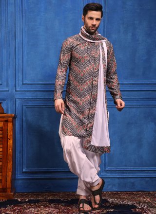 Grey Viscose Dhoti Kurta with Bandhej, Chikankari, Embroidered, Lucknowi Work, Print and Sequins Work