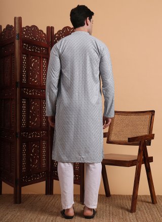 Gripping Grey Rayon Kurta Pyjama with Chikankari and Embroidered Work
