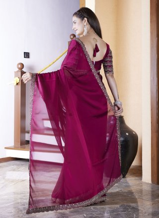Hand and Lace Work Chiffon Contemporary Sari In Maroon Color