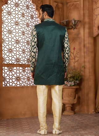 Hand and Machine Embroidery Work Banarasi Silk Indo Western Sherwani In Green