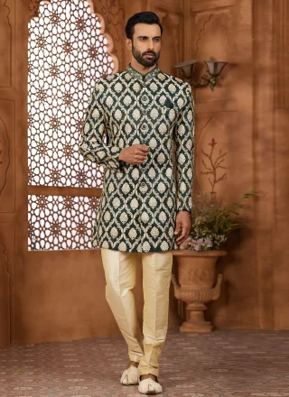 Hand and Machine Embroidery Work Banarasi Silk Indo Western Sherwani In Green