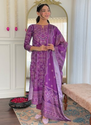 Hand and Print Work Pure Crepe Salwar Suit In Purple for Ceremonial