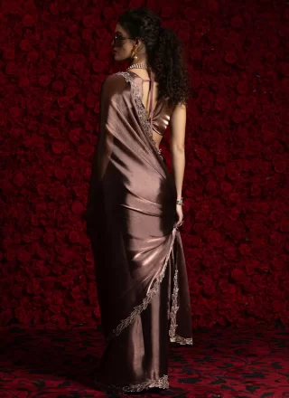 Hand and Zircon Work Chiffon Classic Saree In Pink and Rust