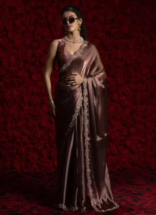 Hand and Zircon Work Chiffon Classic Saree In Pink and Rust