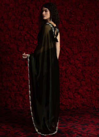 Hand and Zircon Work Chiffon Classic Sari In Black Color
