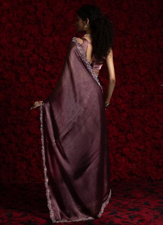 Hand and Zircon Work Chiffon Designer Sari In Purple Color