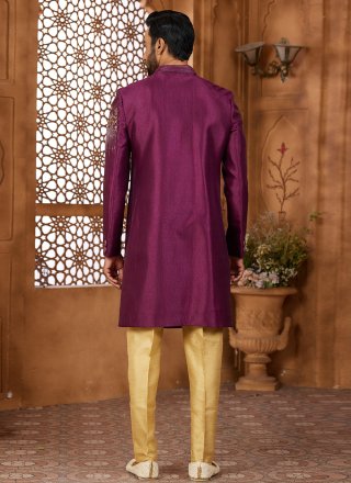 Hand, Resham, Stone and Thread Work Silk Indo Western Sherwani In Purple Color