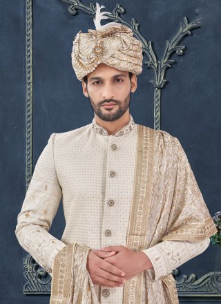 Hand Work Georgette Sherwani Mens Wear In Off White Colour