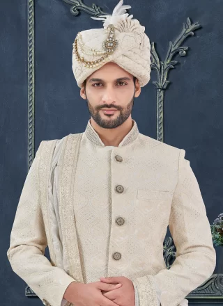 Hand Work Georgette Sherwani Mens Wear In Off White Colour