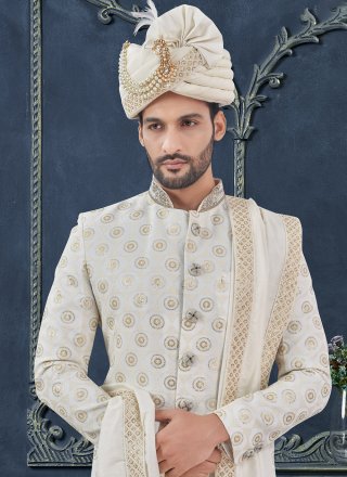 Hand Work Georgette Sherwani Mens Wear In White Colour