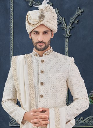 Hand Work Georgette Sherwani Mens Wear In Wine for Ceremonial