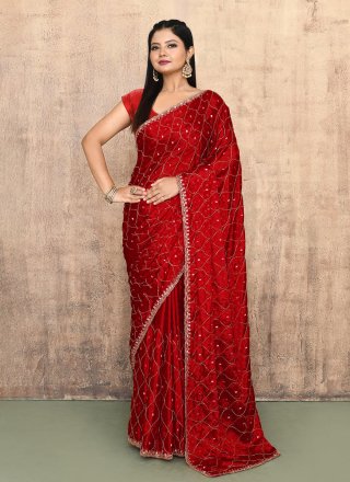 Hand Work Jacquard Silk Trendy Saree In Red
