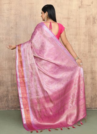 Hand Work Kanjivaram Silk Classic Sari In Pink for Ceremonial