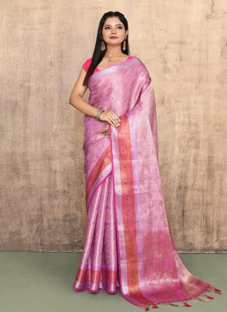 Hand Work Kanjivaram Silk Classic Sari In Pink for Ceremonial