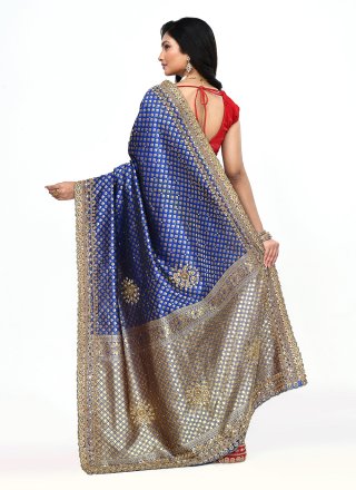 Hand Work Kanjivaram Silk Contemporary Sari In Blue and Red