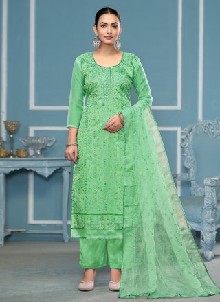Hand Work Organza Salwar Suit In Sea Green Color