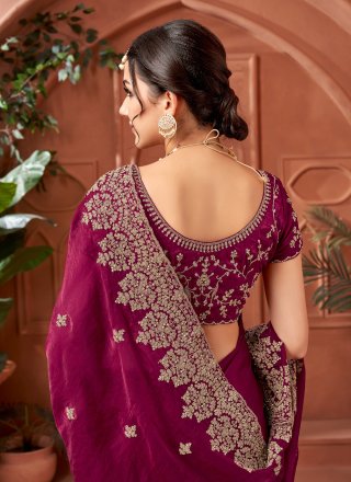 Hand Work Satin Contemporary Sari In Purple Color