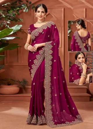 Hand Work Satin Contemporary Sari In Purple Color