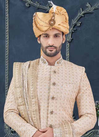 Hand Work Silk Sherwani Mens Wear In Off White Colour