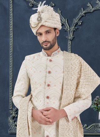 Hand Work Silk Sherwani Mens Wear In Off White Colour