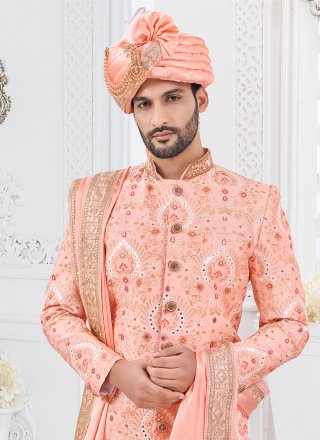 Hand Work Silk Sherwani Mens Wear In Orange Colour