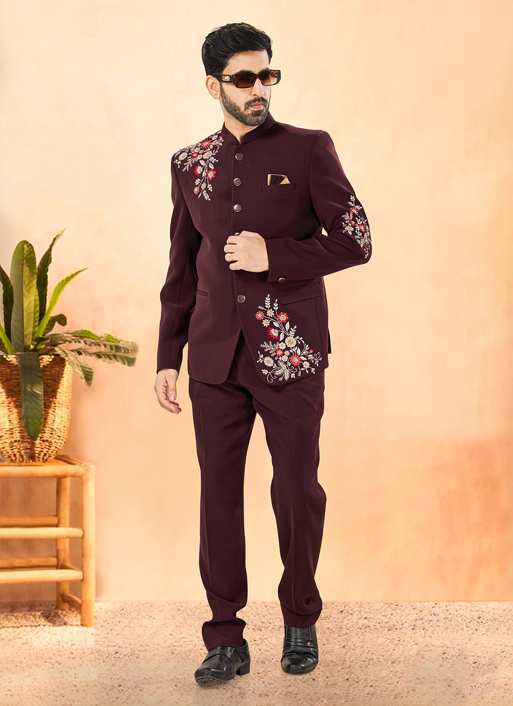 Buy Online Hand Work Suiting Jodhpuri Suit In Maroon for