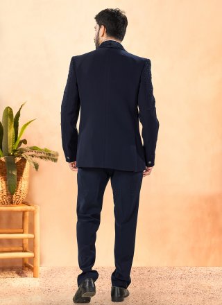 Hand Work Suiting Tuxedo Suit In Blue Colour