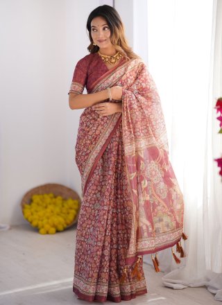 Handloom Cotton Classic Saree In Pink and Rust Colour