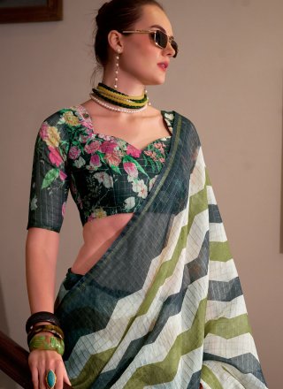 Haute Black Cotton Silk Classic Sari with Strips Print Work