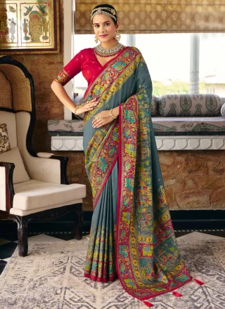 Haute Grey Silk Classic Saree with Print Work