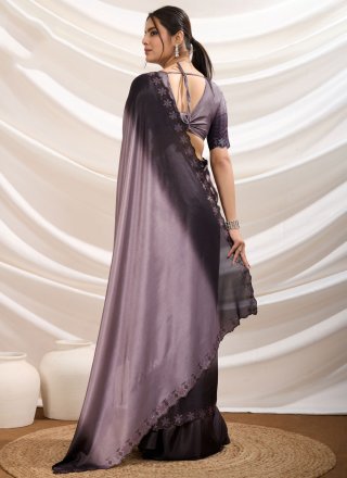 Honourable Grey and Lavender Pure Crepe Designer Saree with Cut and Swarovski Work