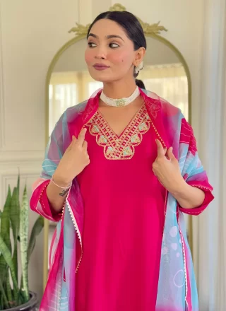 Honourable Pink Rayon Pant Style Suit with Embroidered and Print Work