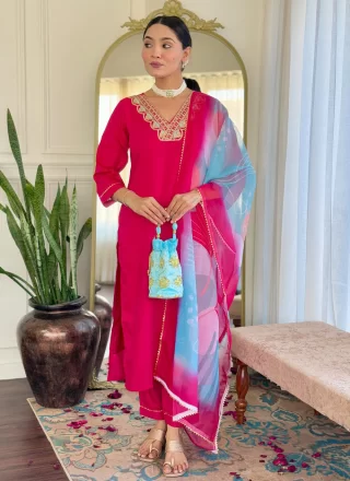 Honourable Pink Rayon Pant Style Suit with Embroidered and Print Work
