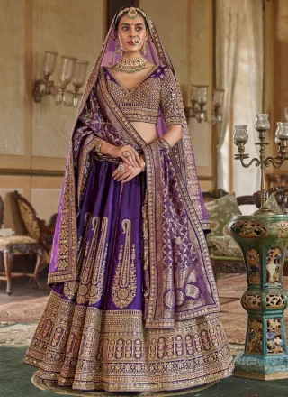 Honourable Violet Silk Lehenga Choli with Embroidered, Pearls, Sequins, Thread, Weaving and Zari Work