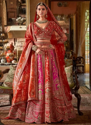 Hot Pink and Red Silk Embroidered, Pearls, Sequins, Thread, Weaving and Zari Work Lehenga Choli for Ceremonial