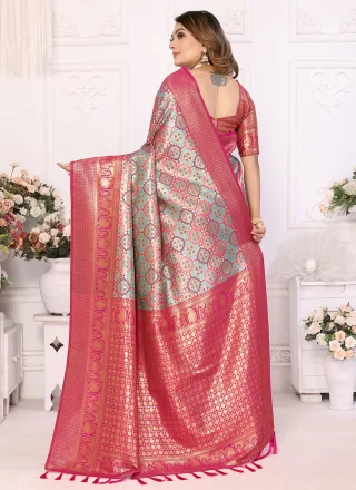 Hot Pink Banarasi Silk Contemporary Sari with Woven Work
