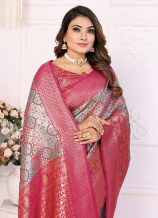 Hot Pink Banarasi Silk Contemporary Sari with Woven Work