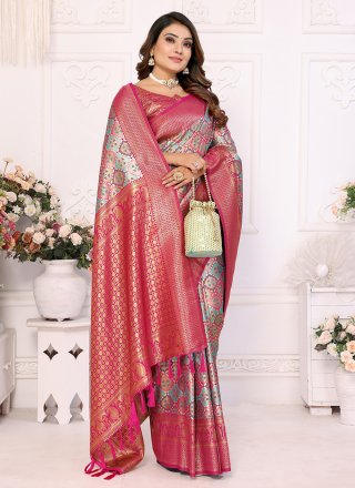 Hot Pink Banarasi Silk Contemporary Sari with Woven Work