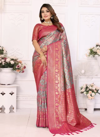 Hot Pink Banarasi Silk Contemporary Sari with Woven Work