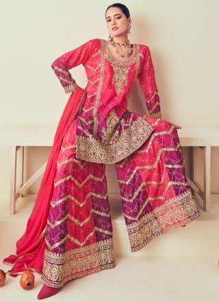 Hot Pink Chinon Embroidered, Mirror and Zardosi Work Palazzo Salwar Suit