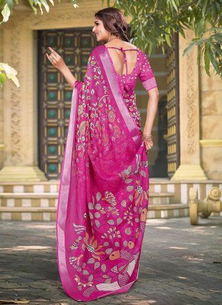 Hot Pink Digital Print Work Cotton Contemporary Sari
