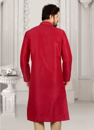Hot Pink Dupion Silk Embroidered Work Kurta Pyjama for Engagement