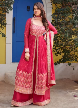 Hot Pink Georgette Embroidered, Mirror and Zari Work Readymade Salwar Suit for Women