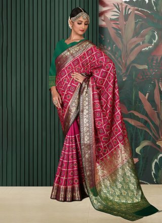 Hot Pink Kanjivaram Silk Trendy Saree with Hand Work