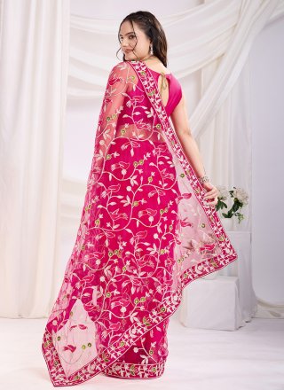 Hot Pink Net Contemporary Sari with Embroidered and Thread Work for Casual