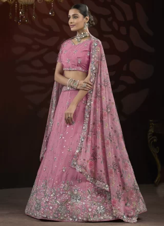 Hot Pink Net Embroidered, Fancy, Sequins and Thread Work Lehenga Choli for Women