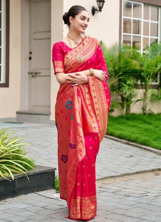 Hot Pink Silk Blend Floral Patch and Weaving Work Classic Sari