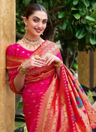 Hot Pink Silk Blend Floral Patch and Weaving Work Contemporary Saree for Ceremonial